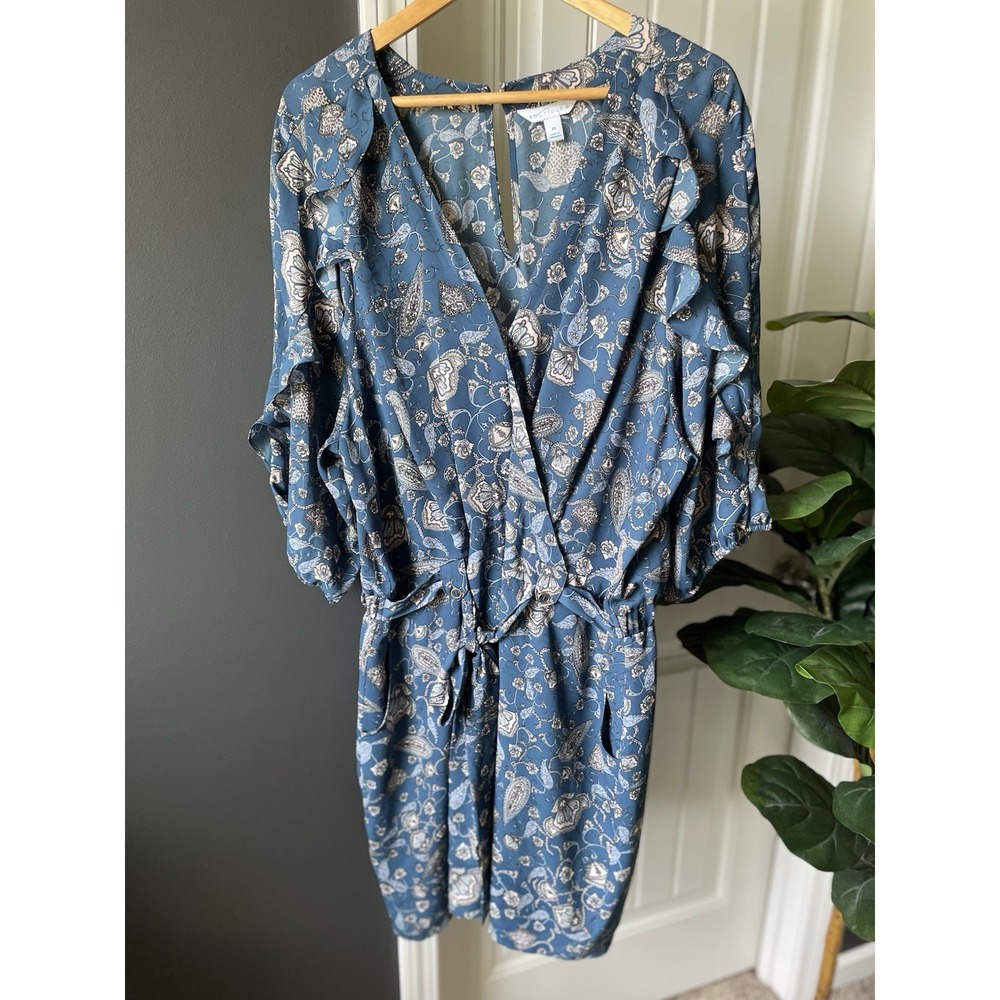 Boutique+ Blue Paisley Romper Ruffle Sleeve V-Neck Tie Waist Jumpsuit Size 3X